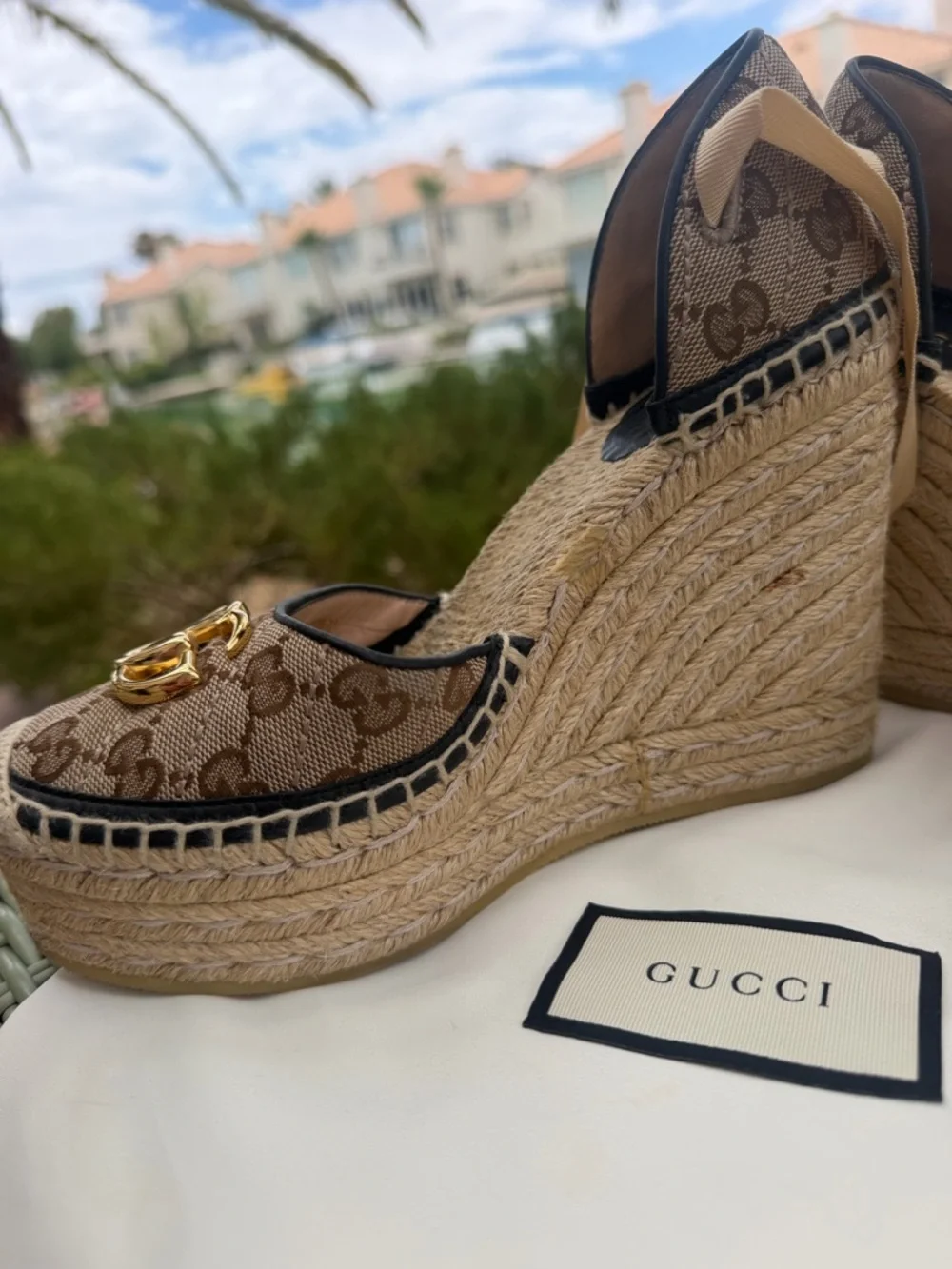 Authentic Gucci Brown GG Canvas Espadrille Wedge Sandals with Gold Double G